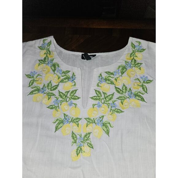 TALBOTS Top Womens Large White Linen Blend Embroidered Lemon Floral Popover Sz L - Picture 2 of 8